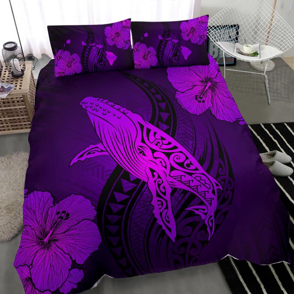 Hawaiian Map Whale Swim Hibiscus Polynesian Bedding Set - Purple - Polynesian Pride