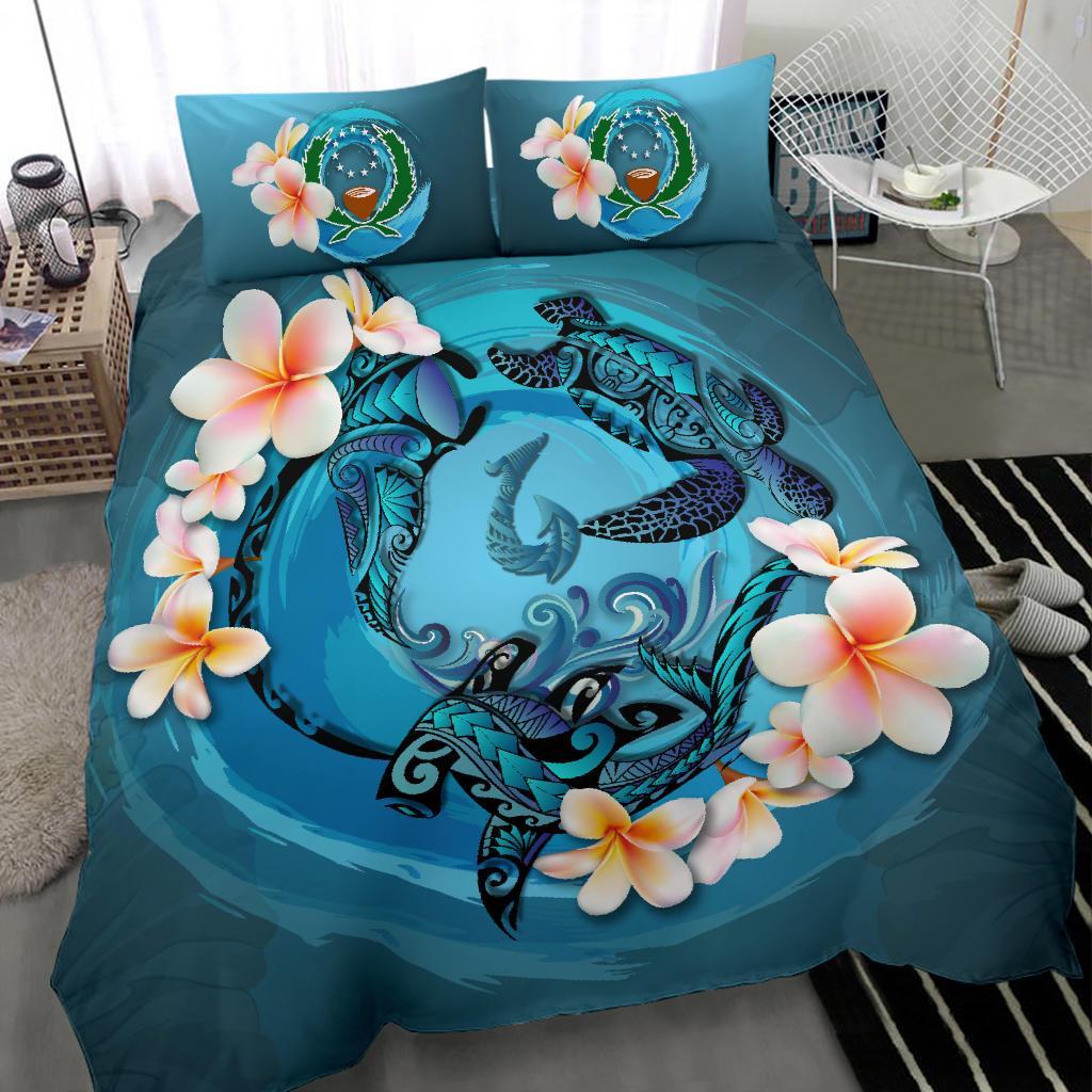 Polynesian Duvet Cover Set - Pohnpei Bedding Set Blue Plumeria Animal Tattoo - Polynesian Pride