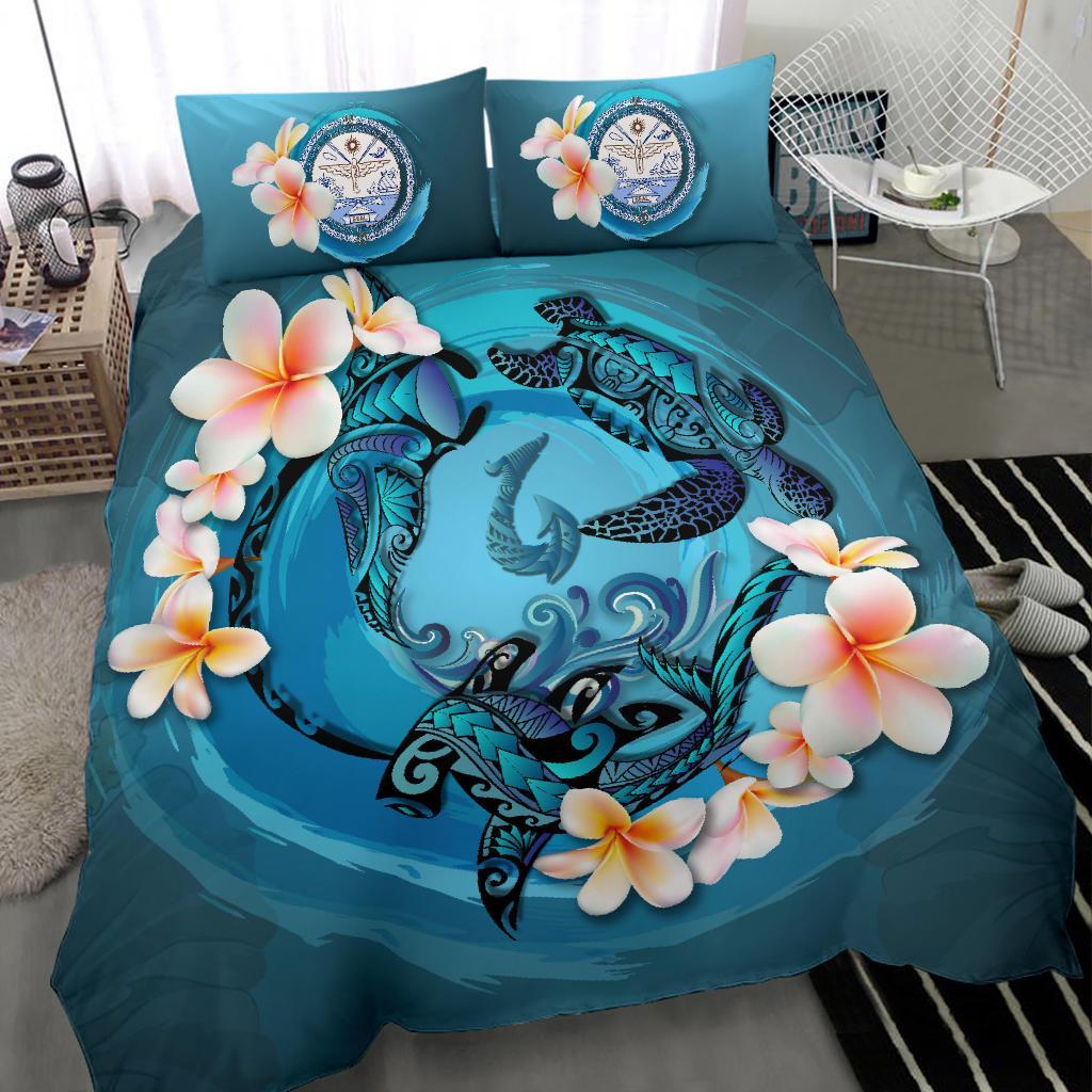 Polynesian Duvet Cover Set - Marshall Islands Bedding Set Blue Plumeria Animal Tattoo - Polynesian Pride