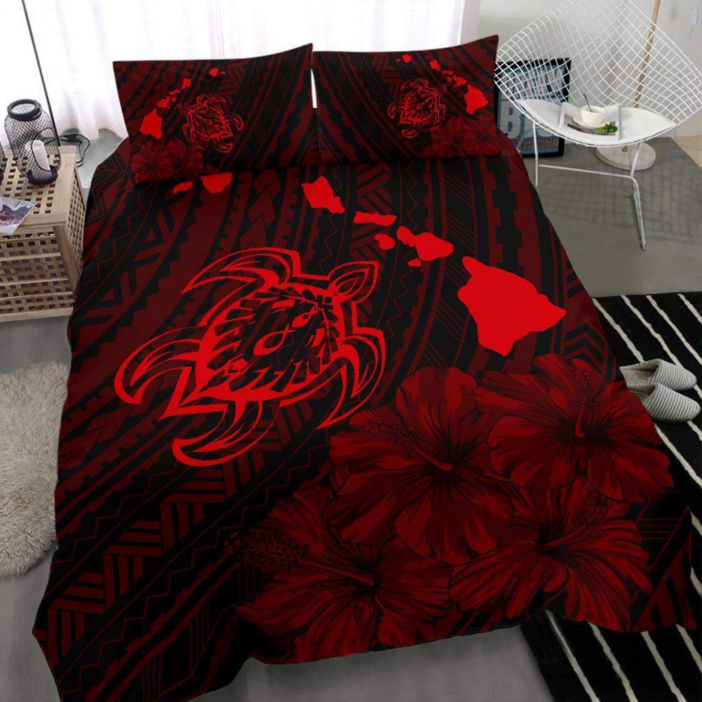 Hawaiian Map Sea Turtle Is Swimming Toward Polynesian Bedding Set Red - Polynesian Pride
