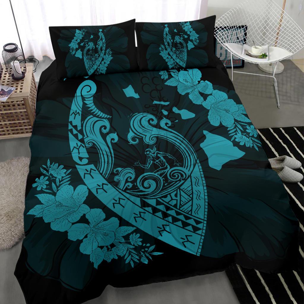 Hawaiian Fish Hook Hibiscus Banzai Surfing Polynesian Bedding Set Blue - Polynesian Pride