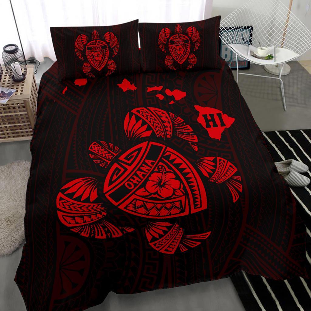 Hawaiian Map Turtle Ohana Hibicus Polynesian Bedding Set - Red - Polynesian Pride