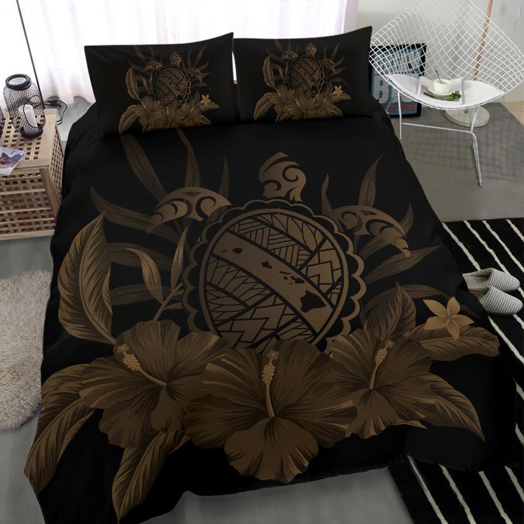 Hawaiian Map Turtle Hibiscus Polynesian Bedding Set - Gold - Polynesian Pride