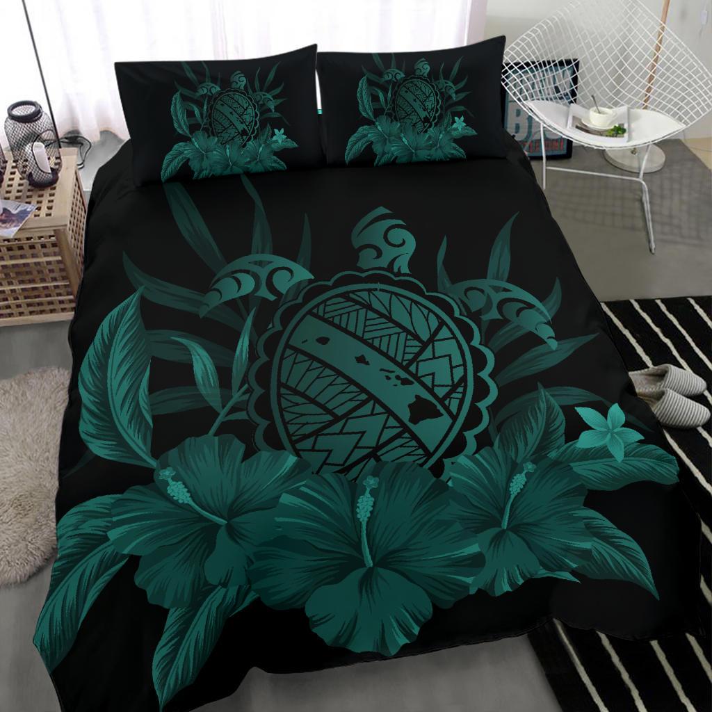 Hawaiian Map Turtle Hibiscus Polynesian Bedding Set - Turquoise - Polynesian Pride