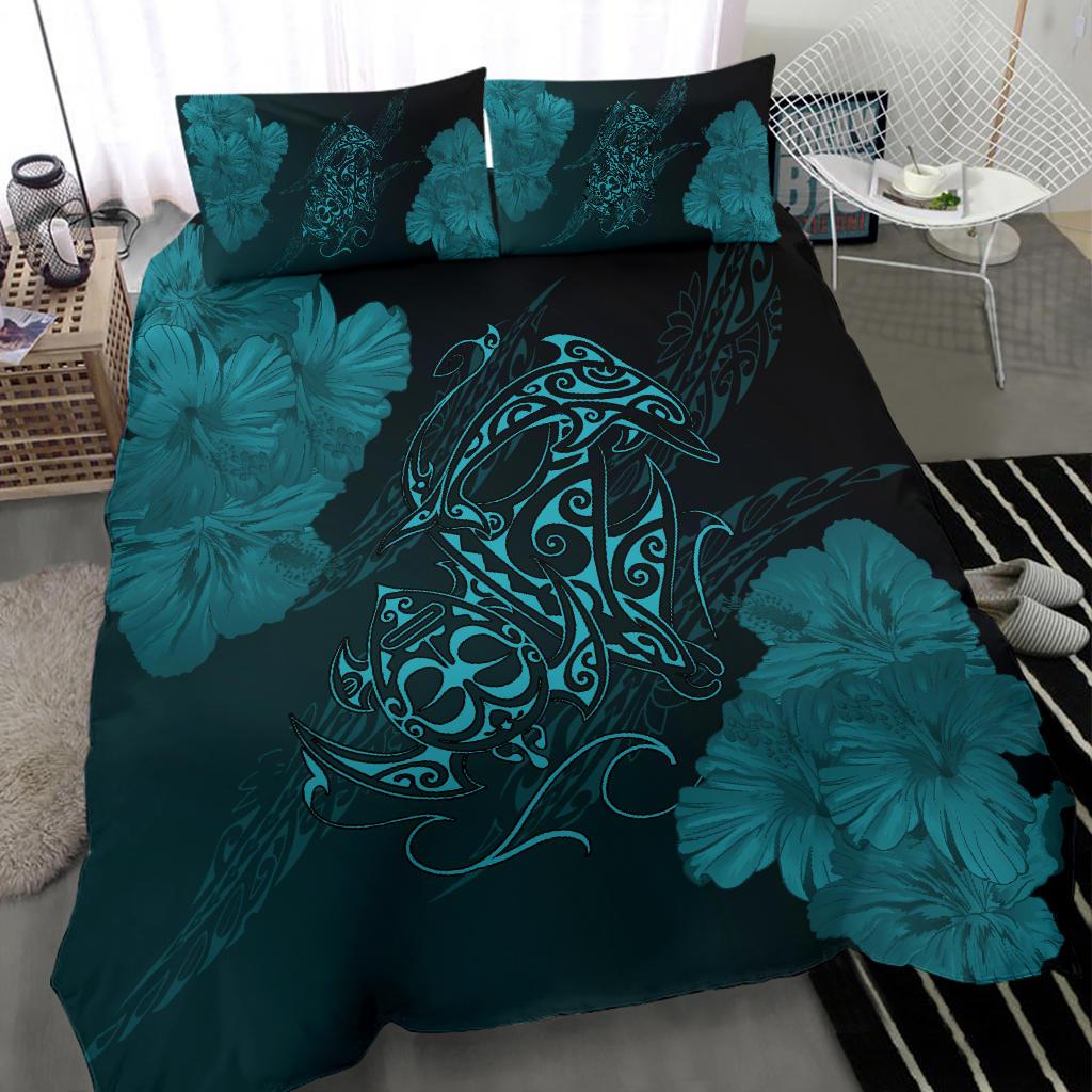 Hawaiian Hibiscus Dolphin Manta Ray Turtle Polynesian Bedding Set Waves Blue - Polynesian Pride