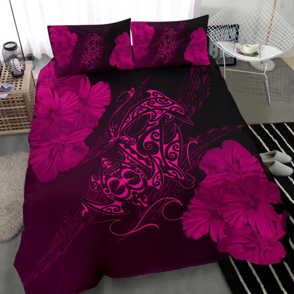 Hawaiian Hibiscus Dolphin Manta Ray Turtle Polynesian Bedding Set Waves Pink - Polynesian Pride