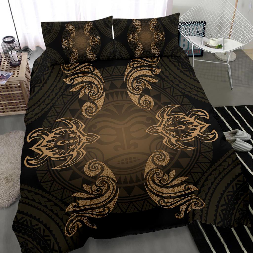 Hawaiian Turtles Tribal Mask Polynesian Bedding Set Gold - Polynesian Pride
