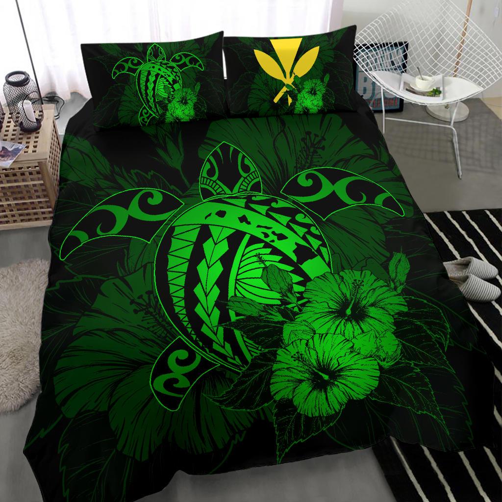 Hawaiian Map Hibiscus Kanaka Polynesian Bedding Set - Harold Turtle - Green - Polynesian Pride