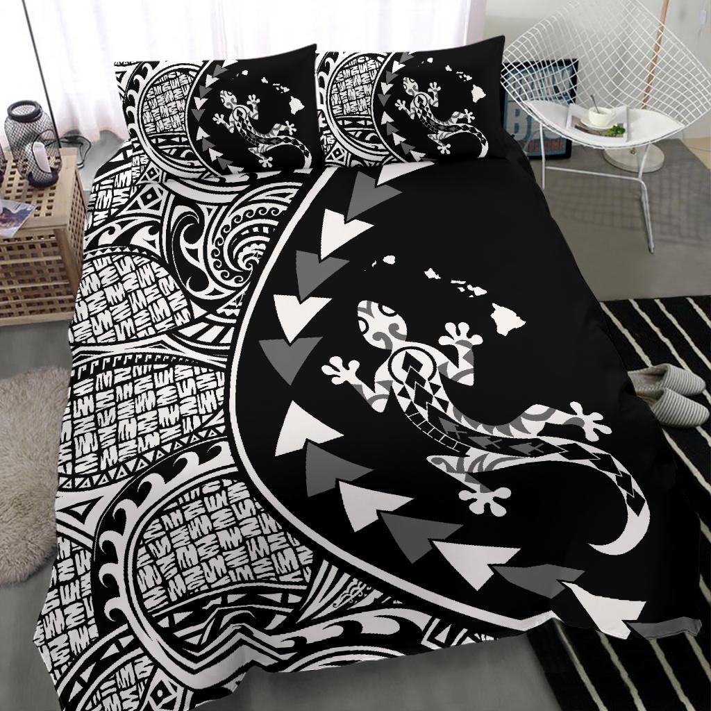 Hawaiian Map Gecko Tattoo Kakau Polynesian Bedding Set BnW - Polynesian Pride
