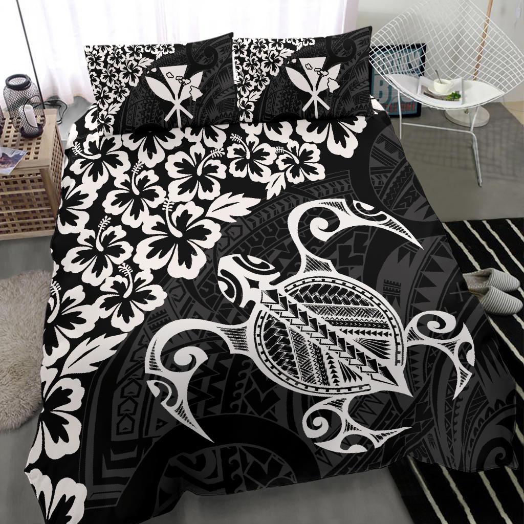 Hawaiian Map Turtle Hibiscus Kanaka Polynesian Bedding Set - White - Polynesian Pride