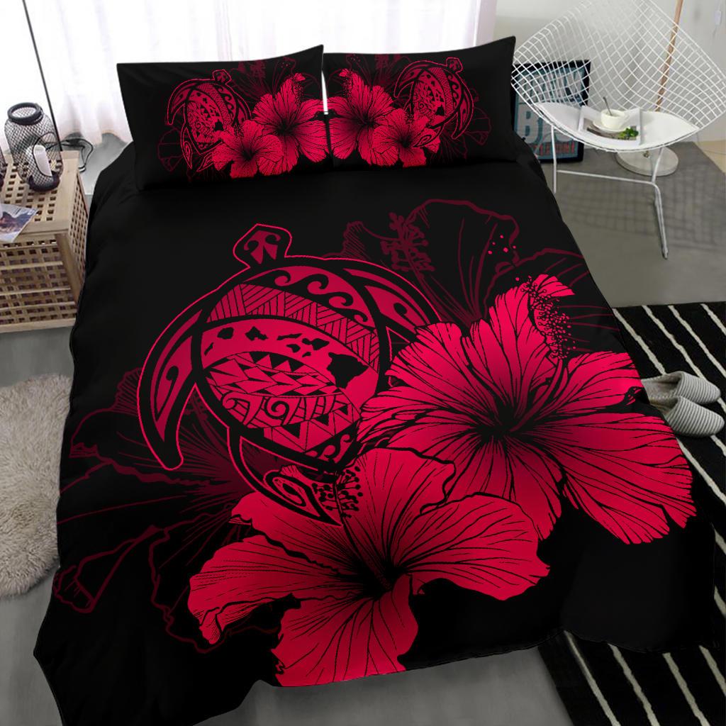 Hawaiian Map Hibiscus Turtle Polynesian Bedding Set - Calico Red - Polynesian Pride