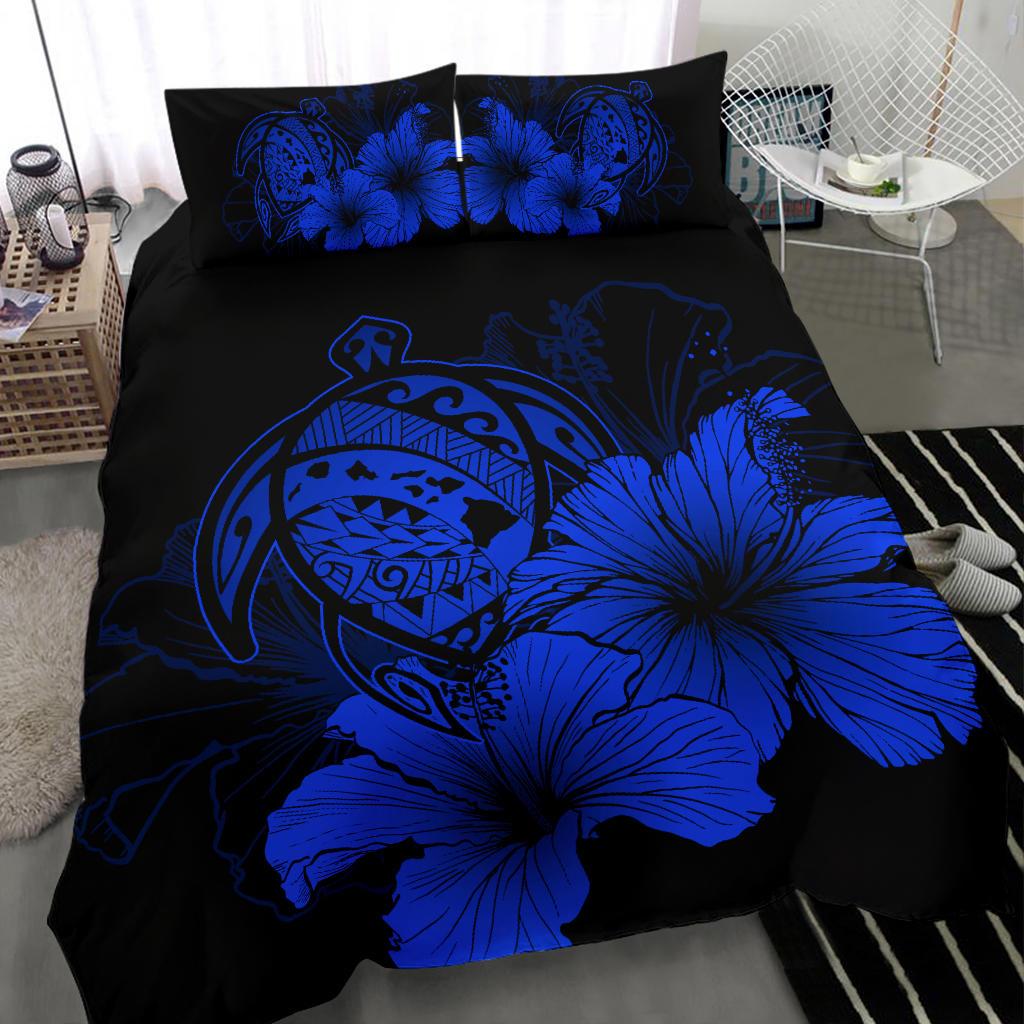 Hawaiian Map Hibiscus Turtle Polynesian Bedding Set - Traffic Blue - Polynesian Pride