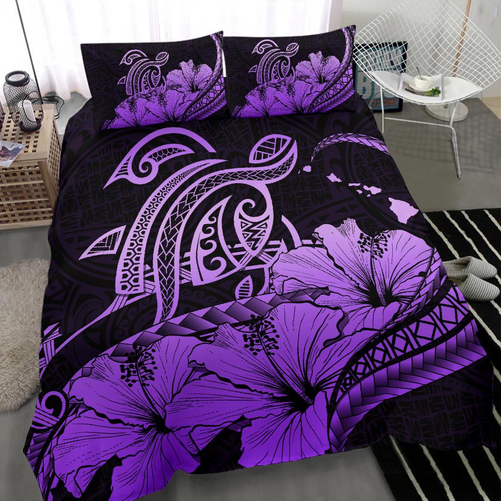 Hawaiian Map Hibiscus Turtle Polynesian Bedding Set Violet - Polynesian Pride