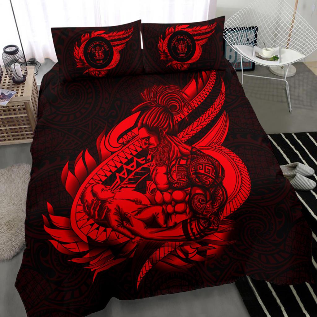 Polynesian Bedding Set - Niue Duvet Cover Set Father And Son Red 3 Pieces Red - Polynesian Pride