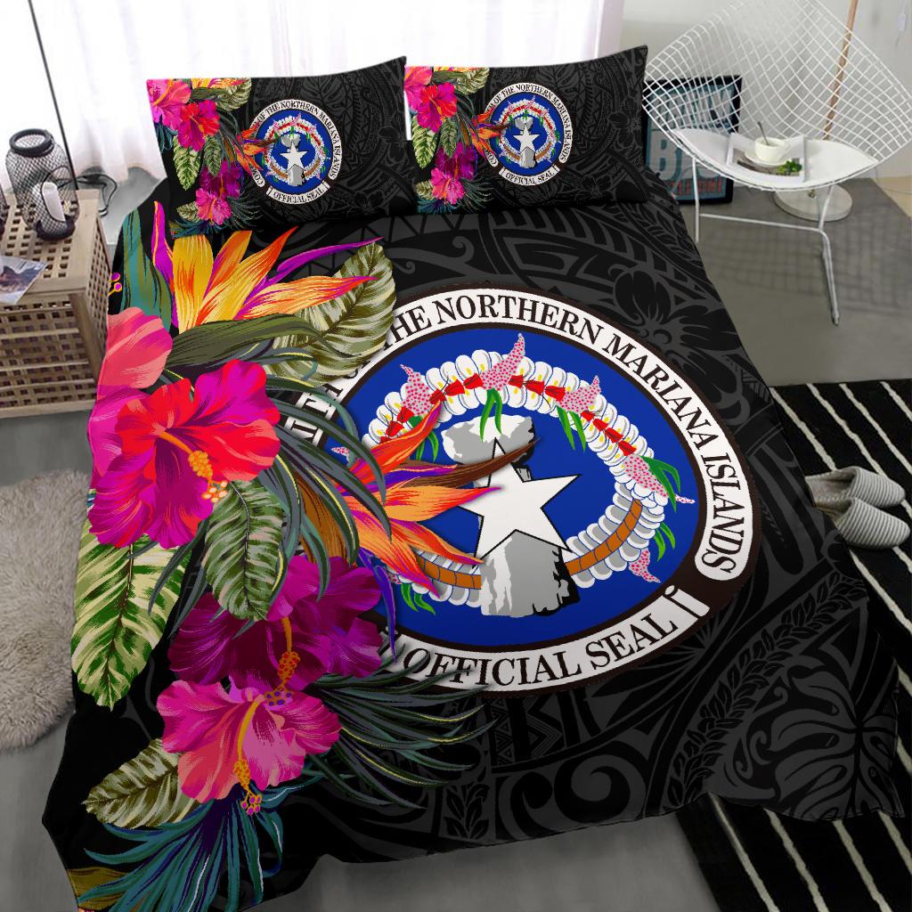 Northern Mariana Islands Bedding Set - Saipan Hibiscus Polynesian Pattern Black - Polynesian Pride