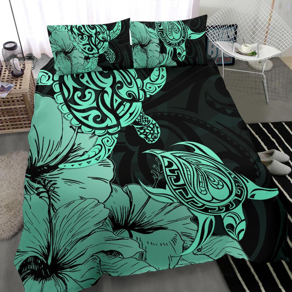 Hawaii Turtle Bedding Set Polynesian Hibiscus Art Turquoise AH - Polynesian Pride