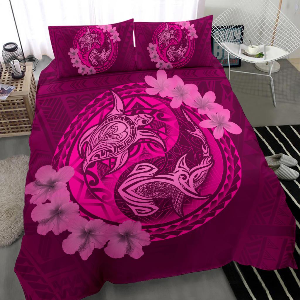 Hawaii Yin Yang Turtle Shark Hibiscus Plumeria Bedding Set - Pink - Polynesian Pride