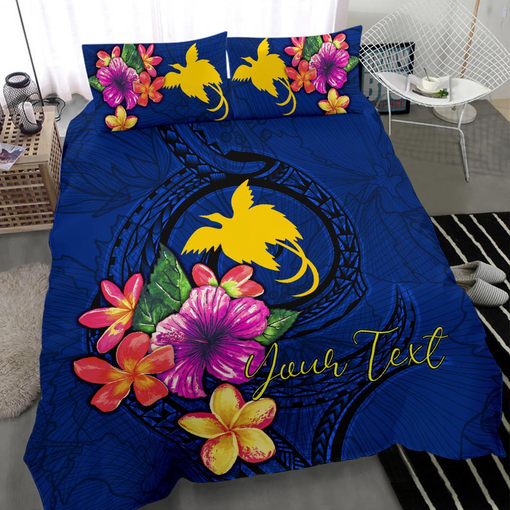Polynesian Custom Personalised Bedding Set - Papua New Guinea Duvet Cover Set Floral With Seal Blue - Polynesian Pride