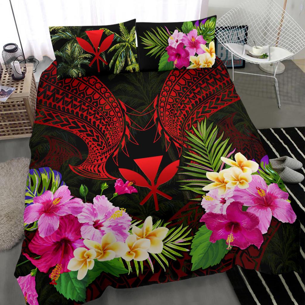 Polynesian Bedding Set - Hawaii Duvet Cover Red Kanaka Maoli Hibiscus Plumeria Coconut - Polynesian Pride