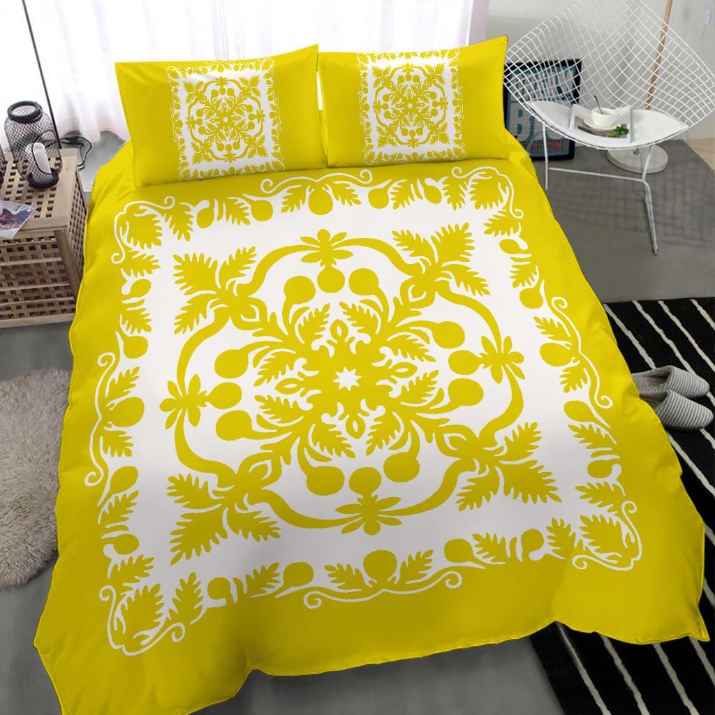 Hawaiian Bedding Set Royal Pattern - Yellow And White - Polynesian Pride