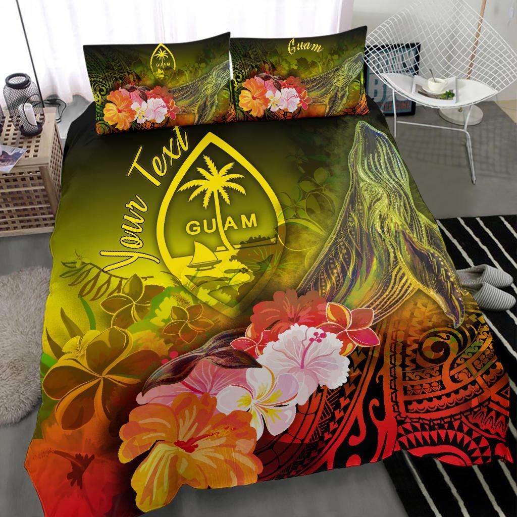 Guam Custom Personalised Bedding Set - Humpback Whale with Tropical Flowers (Yellow) Yellow - Polynesian Pride