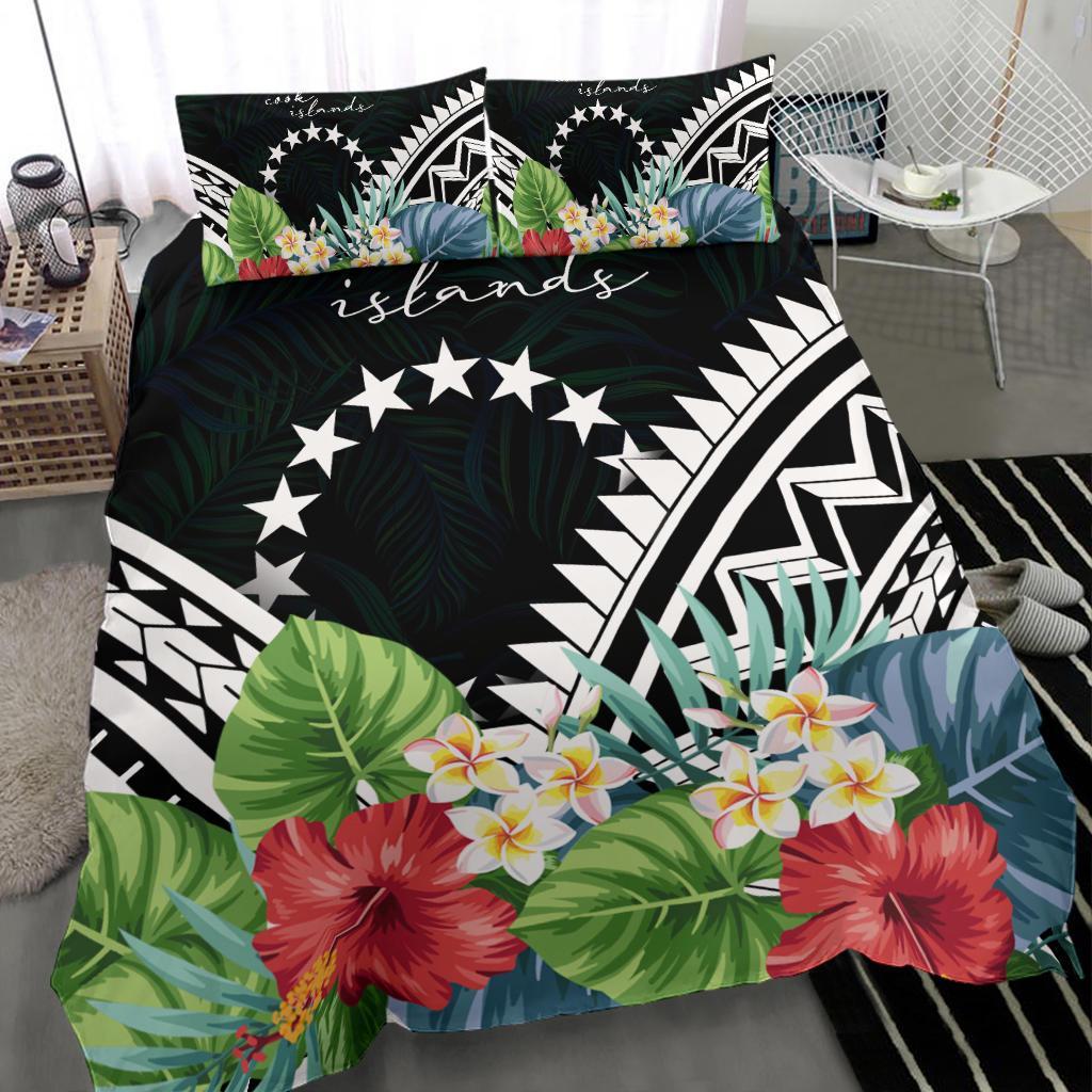 Cook Islands Bedding Set - Cook Islands Coat of Arms & Polynesian Tropical Flowers White - Polynesian Pride
