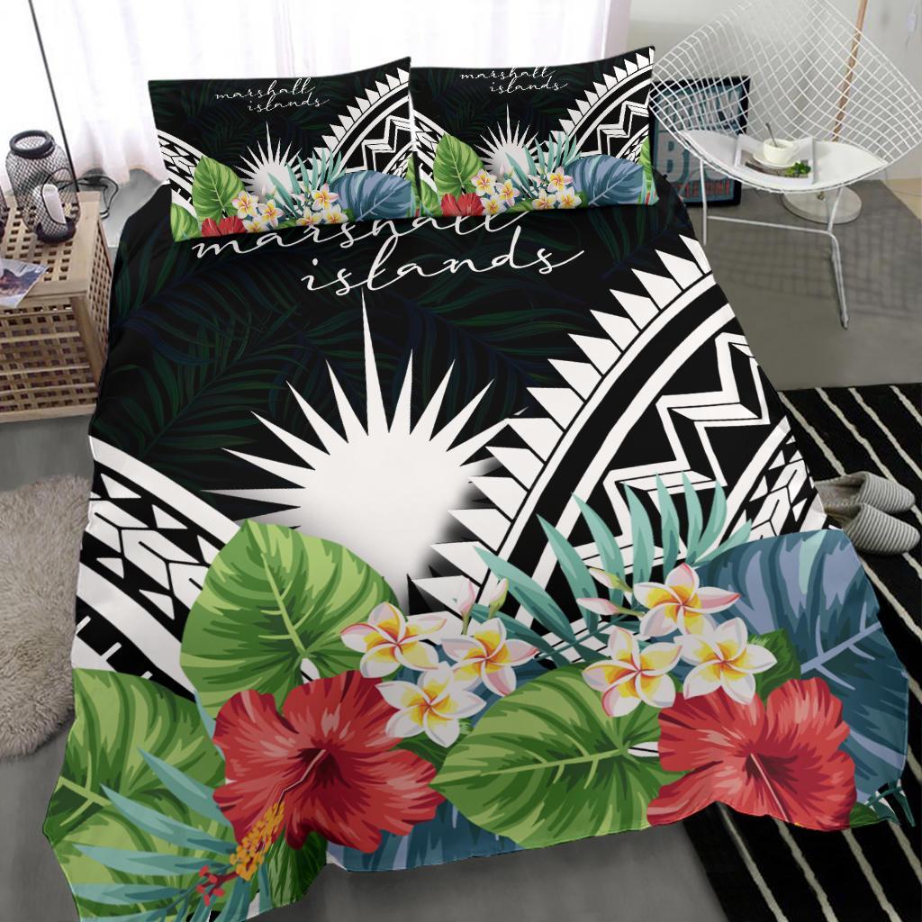 Marshall Islands Bedding Set - Marshall Islands Coat of Arms & Polynesian Tropical Flowers White - Polynesian Pride