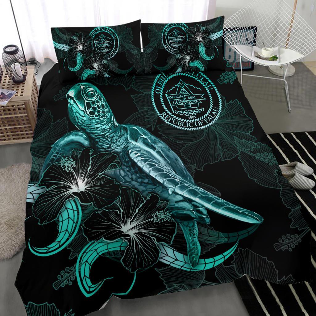 Palau Polynesian Bedding Set - Turtle With Blooming Hibiscus Turquoise - Polynesian Pride