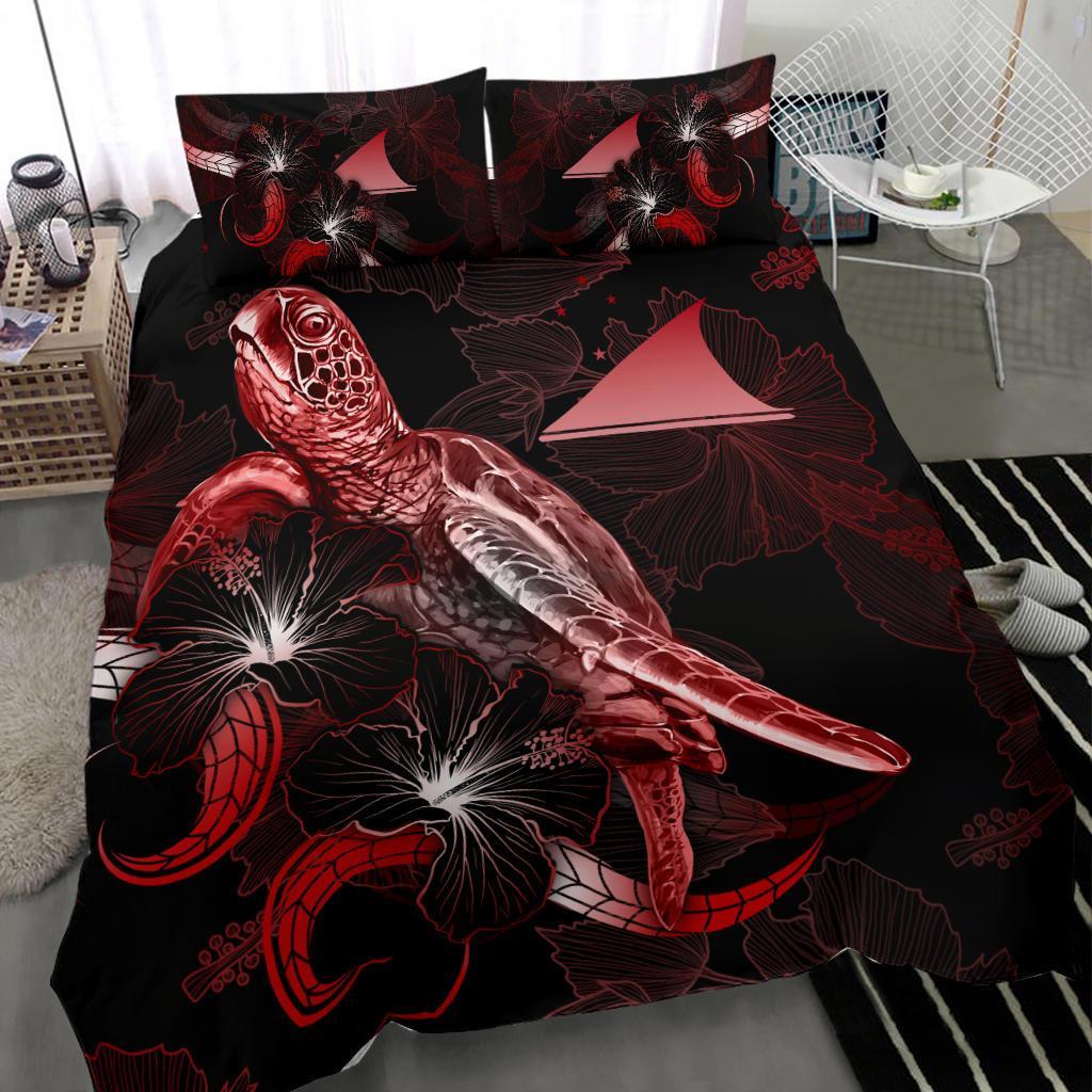 Tokelau Polynesian Bedding Set - Turtle With Blooming Hibiscus Red - Polynesian Pride
