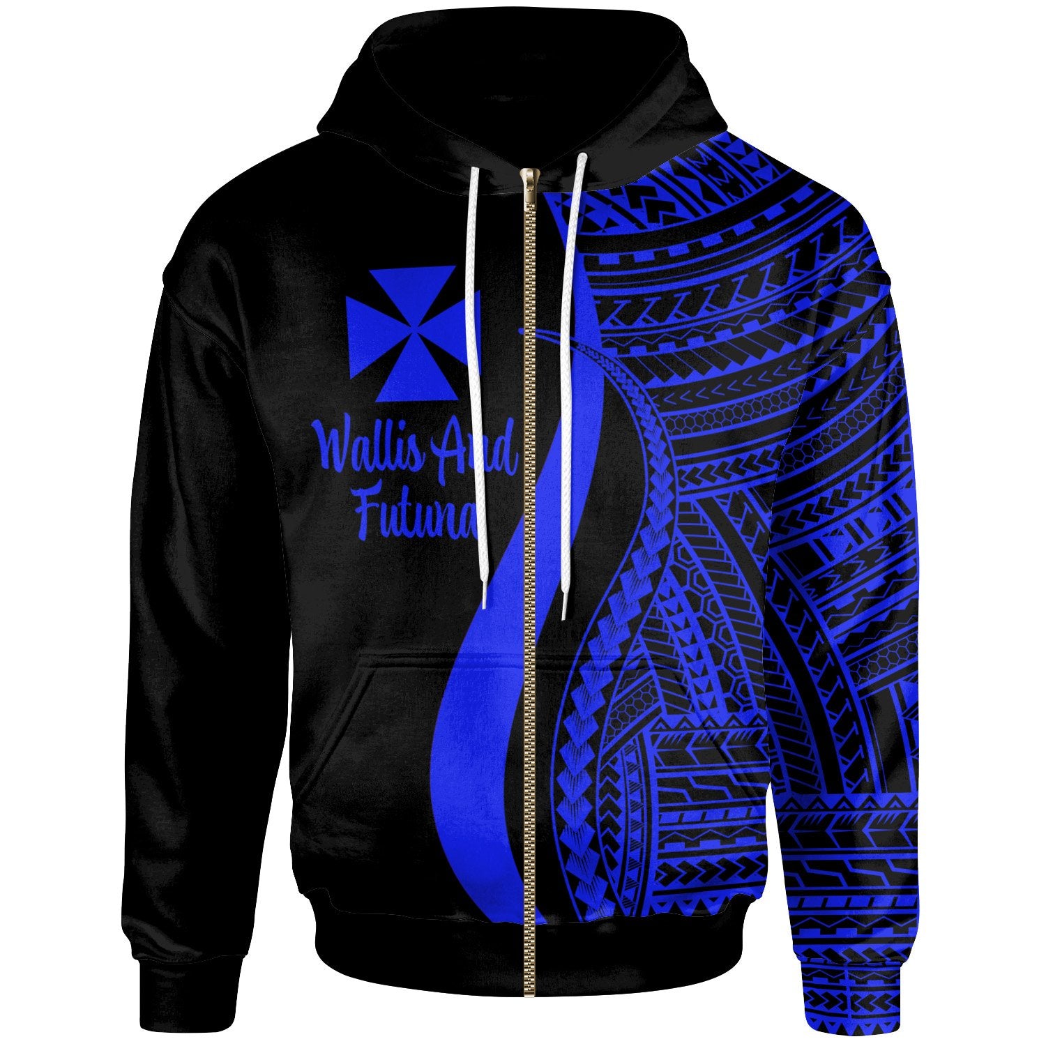 Wallis and Futuna Zip up Hoodie Blue Tentacle Tribal Pattern Unisex Blue - Polynesian Pride
