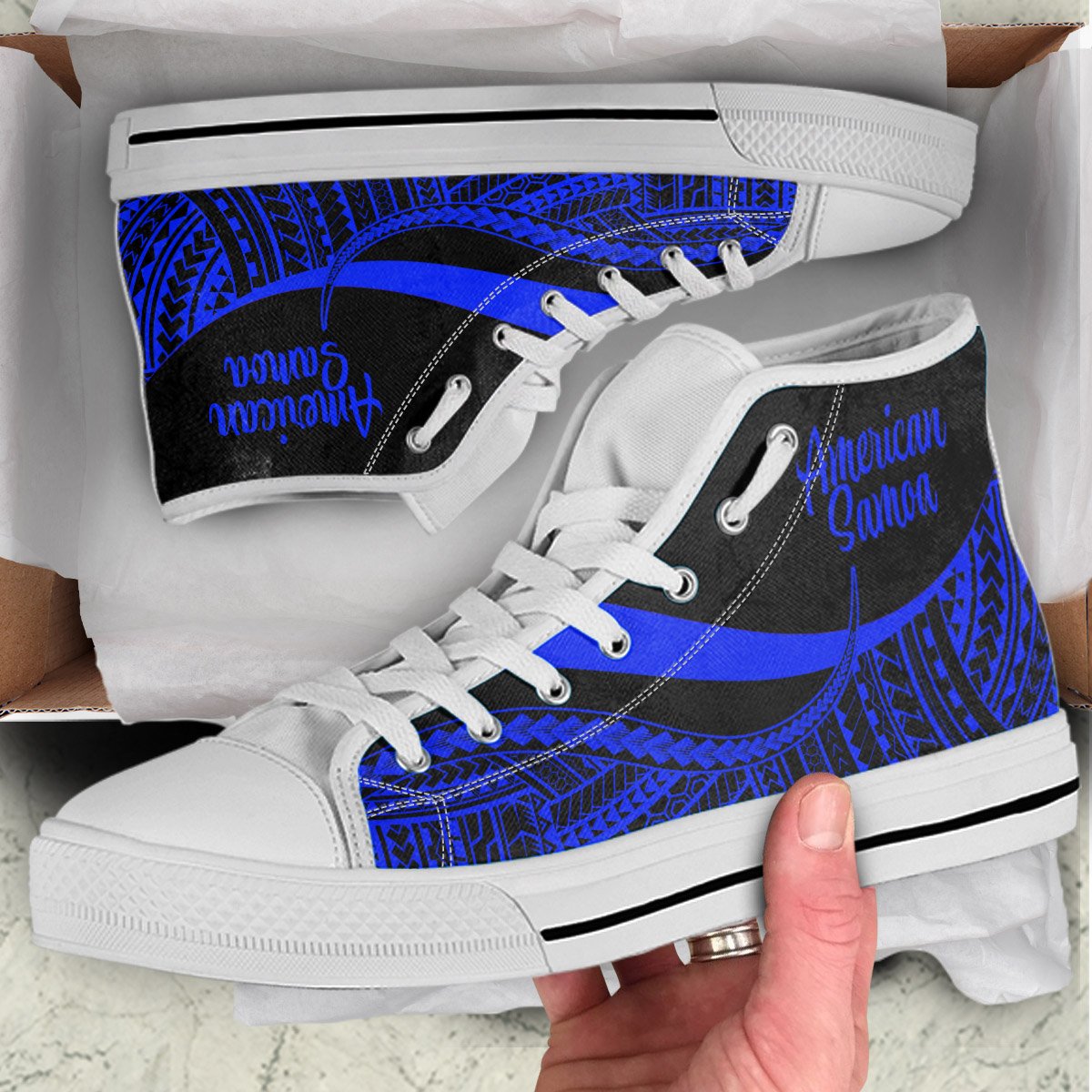American Samoa High Top Shoes Blue - Polynesian Tentacle Tribal Pattern - Polynesian Pride