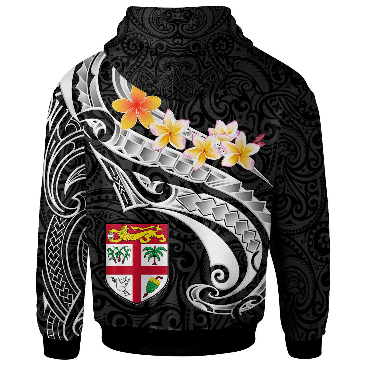 Fiji Hoodie Fiji Seal Polynesian Patterns Plumeria (Black) - Polynesian Pride