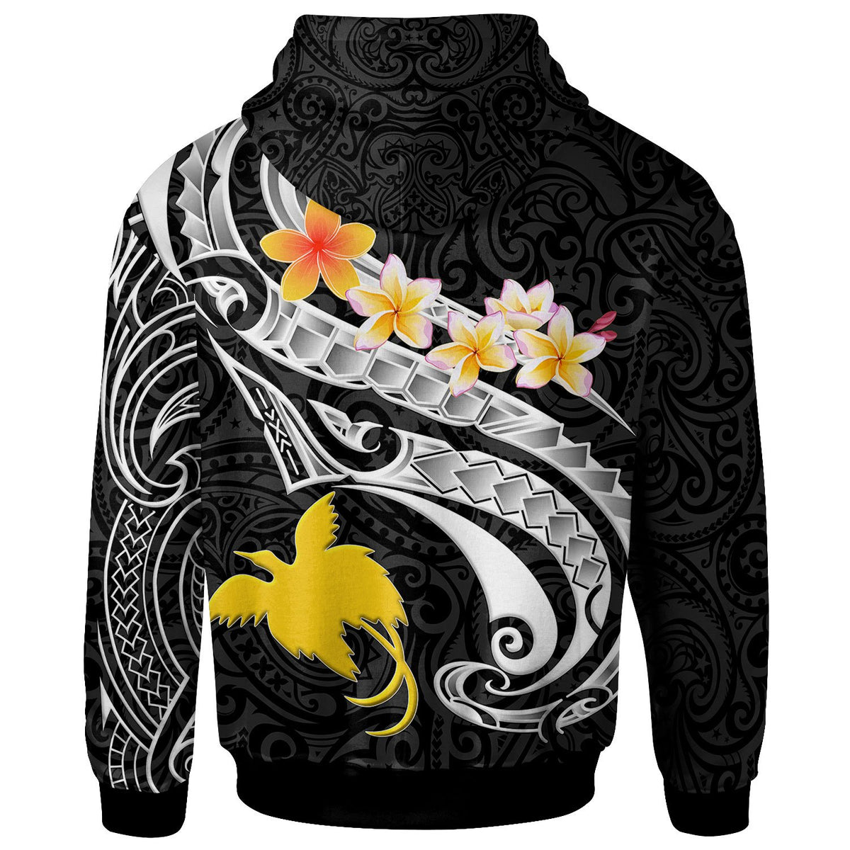 Papua New Guinea Custom Zip up Hoodie PNG Seal Polynesian Patterns Plumeria (Black) - Polynesian Pride