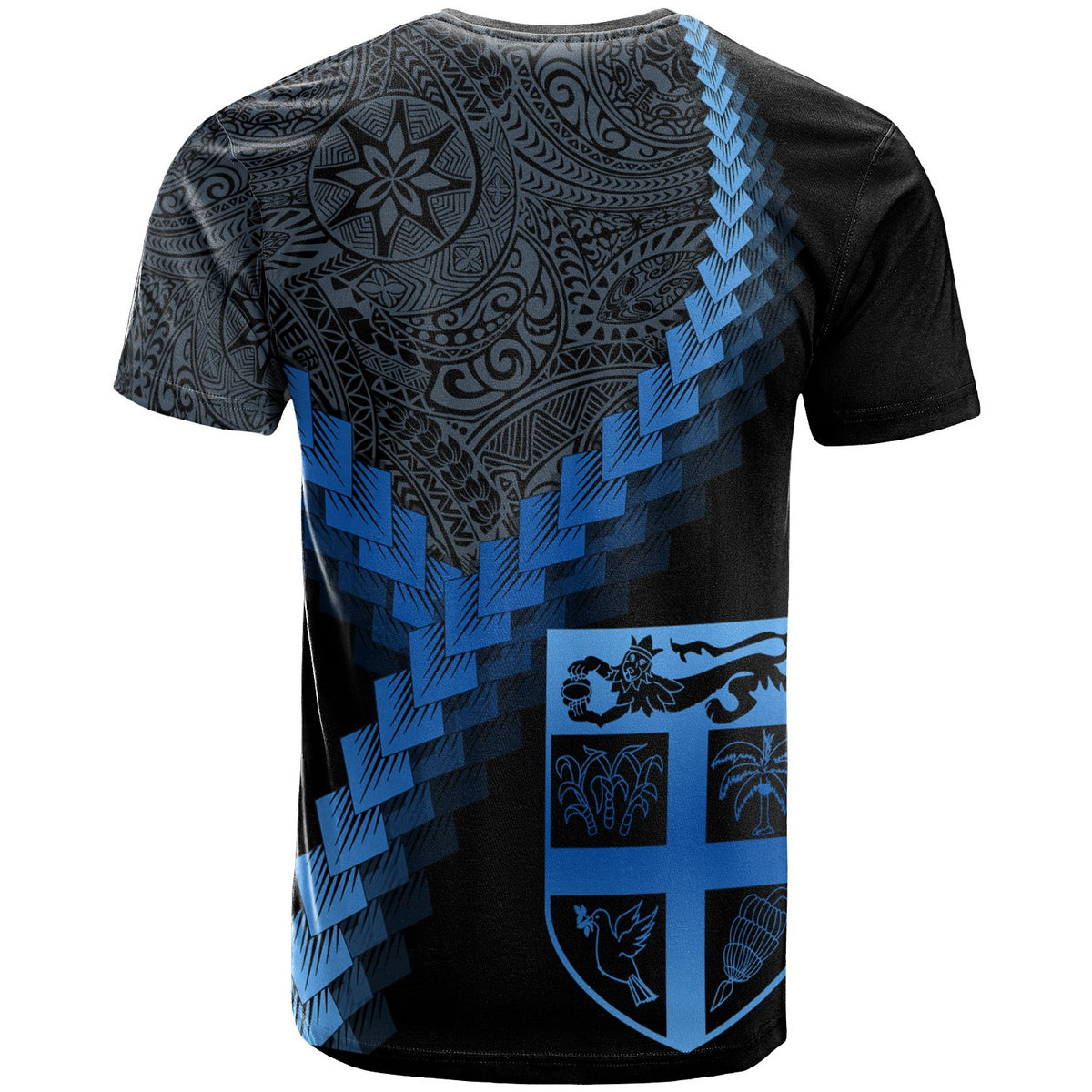 Fiji T Shirt Fijian Coat of Arms With Polynesian Tattoo Blue - Polynesian Pride