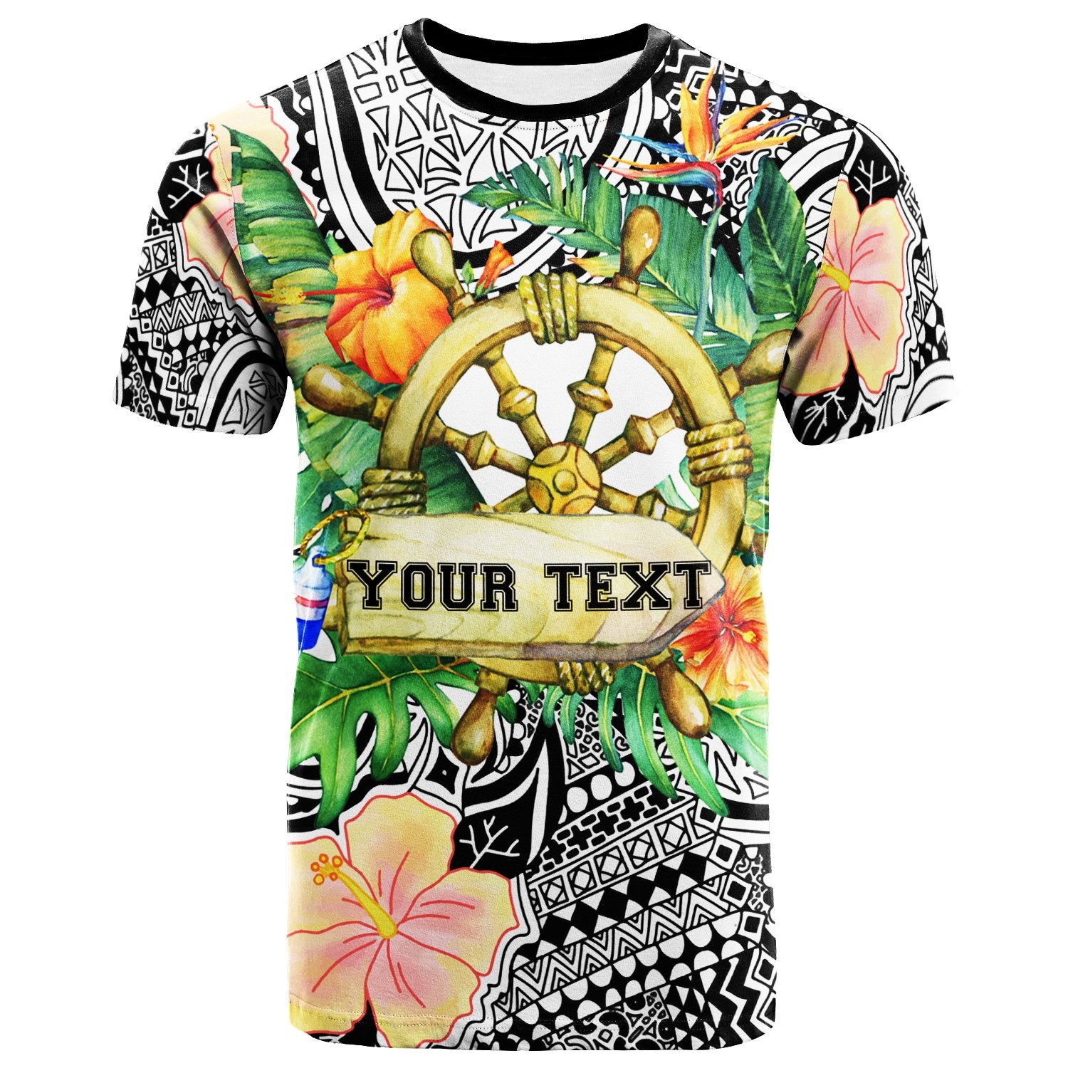 Polynesian Custom T Shirt Ship Wheel And Tropical Plants Unisex Black - Polynesian Pride