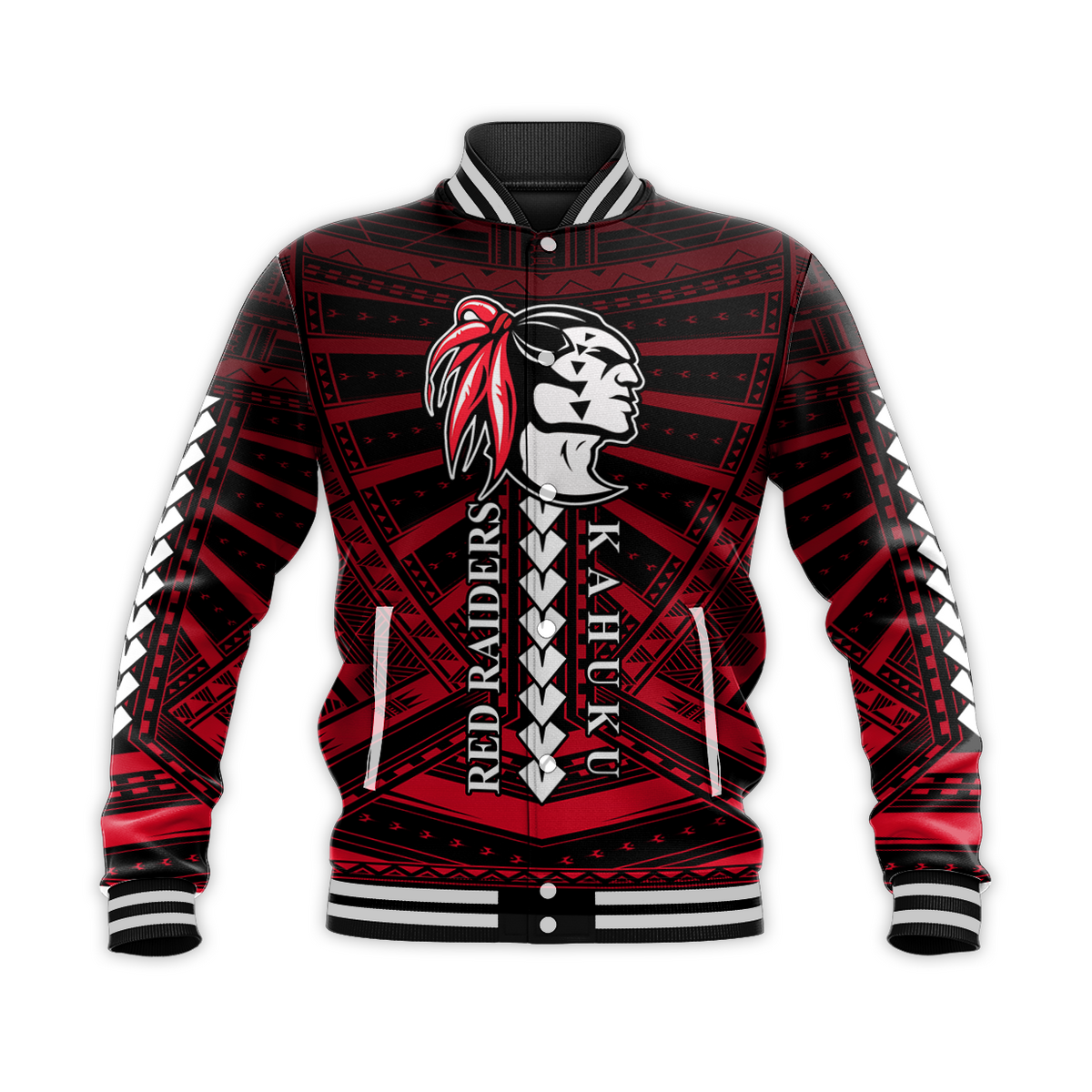 Polynesian Red Raiders Baseball Jacket - Kahuku Hawaii School LT13 Unisex Black - Polynesian Pride