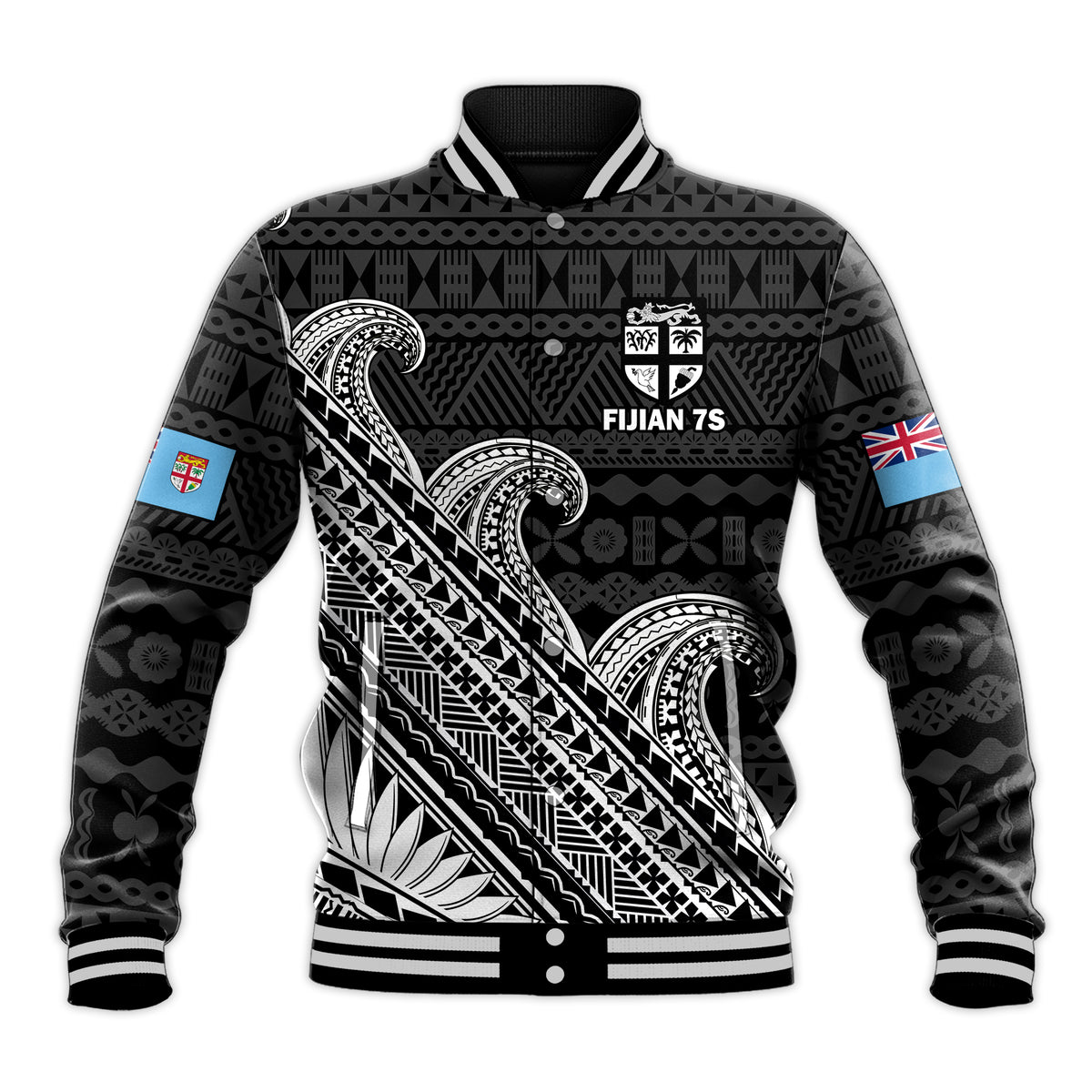 (Custom Text And Number) Fiji Sevens Rugby Fijian 7s Black Tapa Polynesian Art Baseball Jacket LT14 Unisex Black - Polynesian Pride
