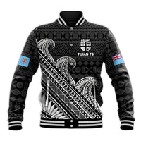 (Custom Text And Number) Fiji Sevens Rugby Fijian 7s Black Tapa Polynesian Art Baseball Jacket LT14 Unisex Black - Polynesian Pride