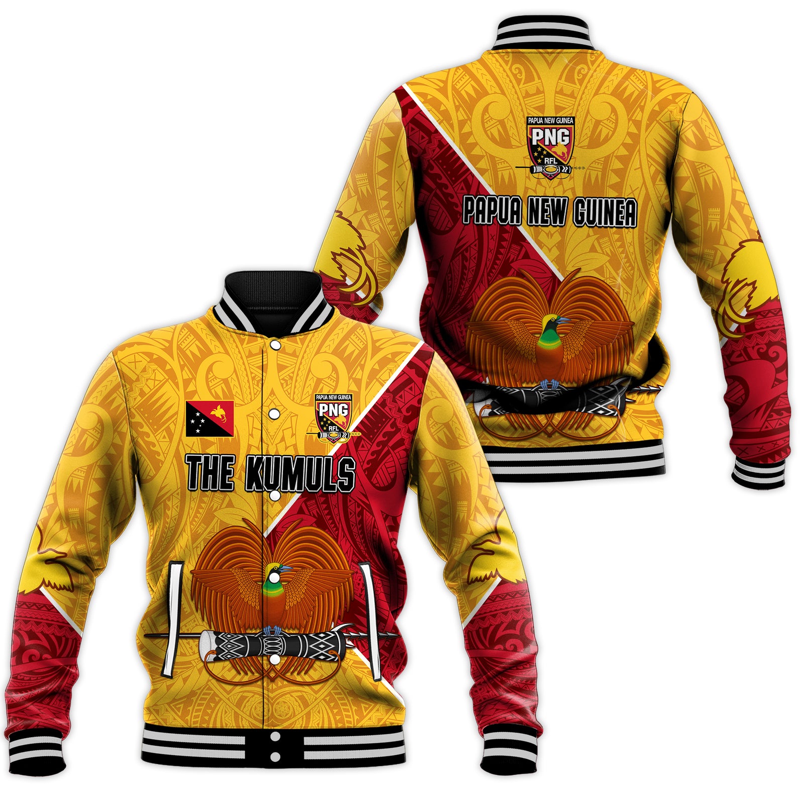 The Kumuls PNG Baseball Jacket Papua New Guinea Polynesian Dynamic Style LT14 Unisex Yellow - Polynesian Pride