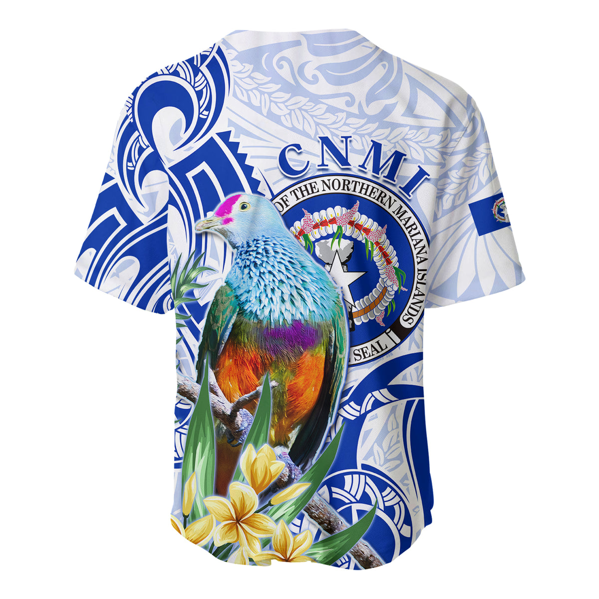 (Custom Personalised) Northern Mariana Islands Baseball Jersey Mariana Fruit Dove Mix Frangipani Flowers White LT13 - Polynesian Pride