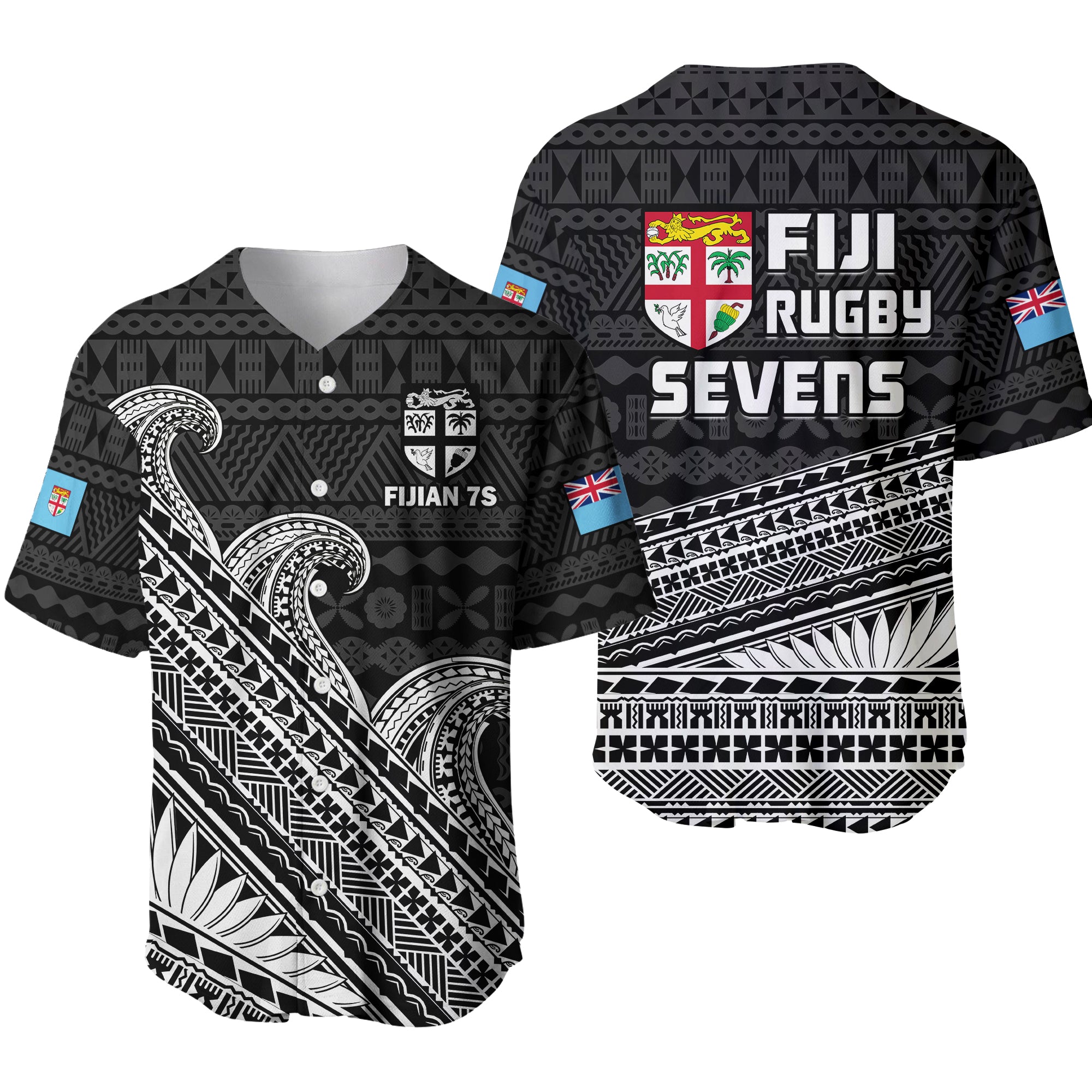 Fiji Sevens Rugby Fijian 7s Black Tapa Polynesian Art Baseball Jersey LT14 Black - Polynesian Pride