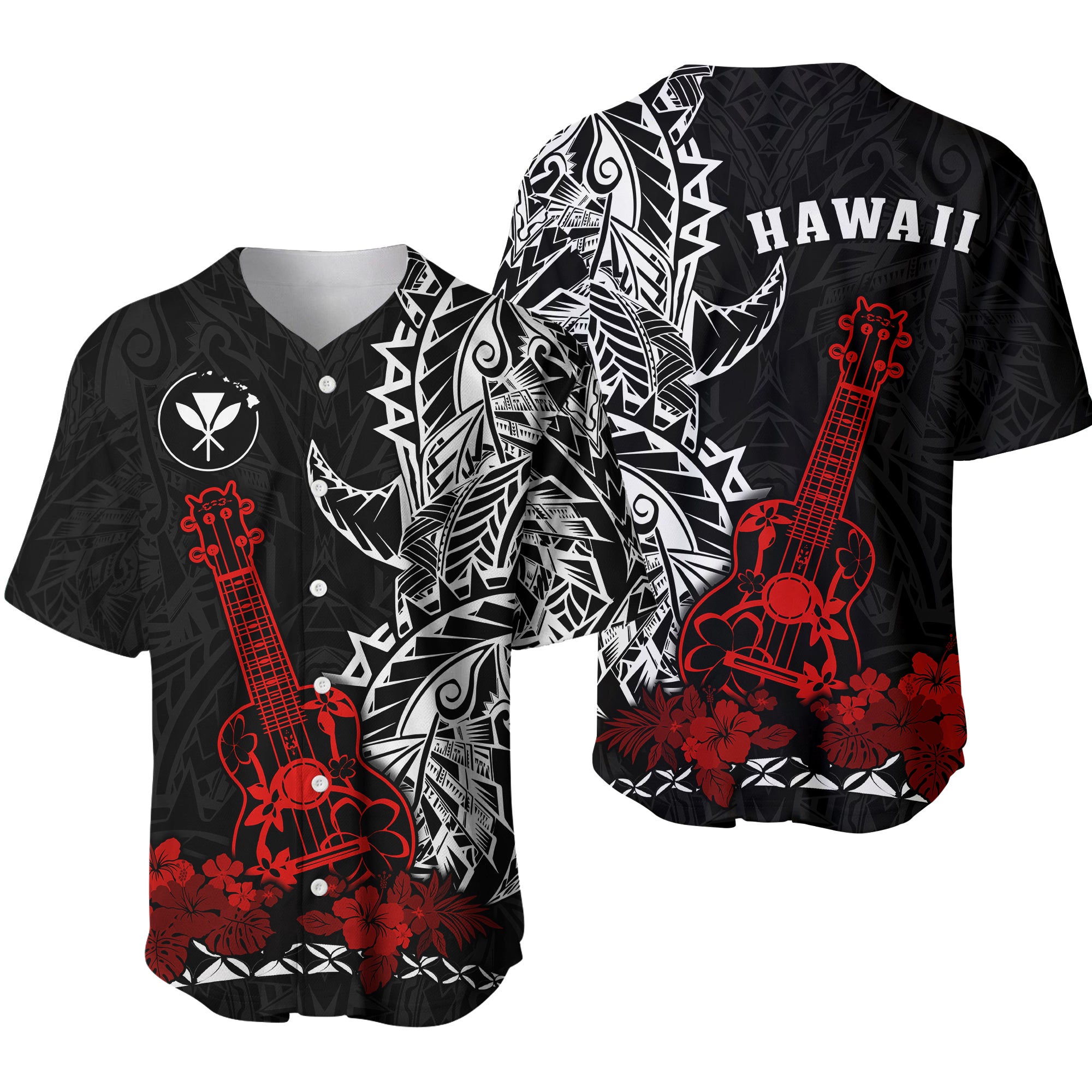 Hawaii Polynesian Baseball Jersey Red Ukulele LT13 Red - Polynesian Pride