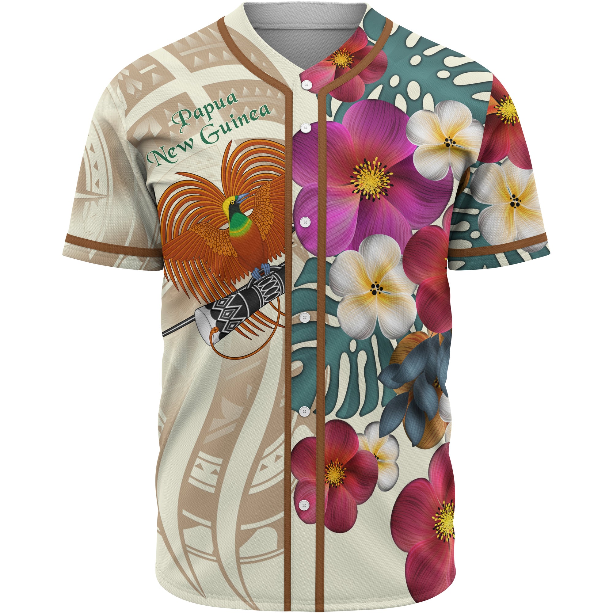 Papua New Guinea Baseball Shirt - The Tropical Plumeria Flower Style Unisex Nude - Polynesian Pride
