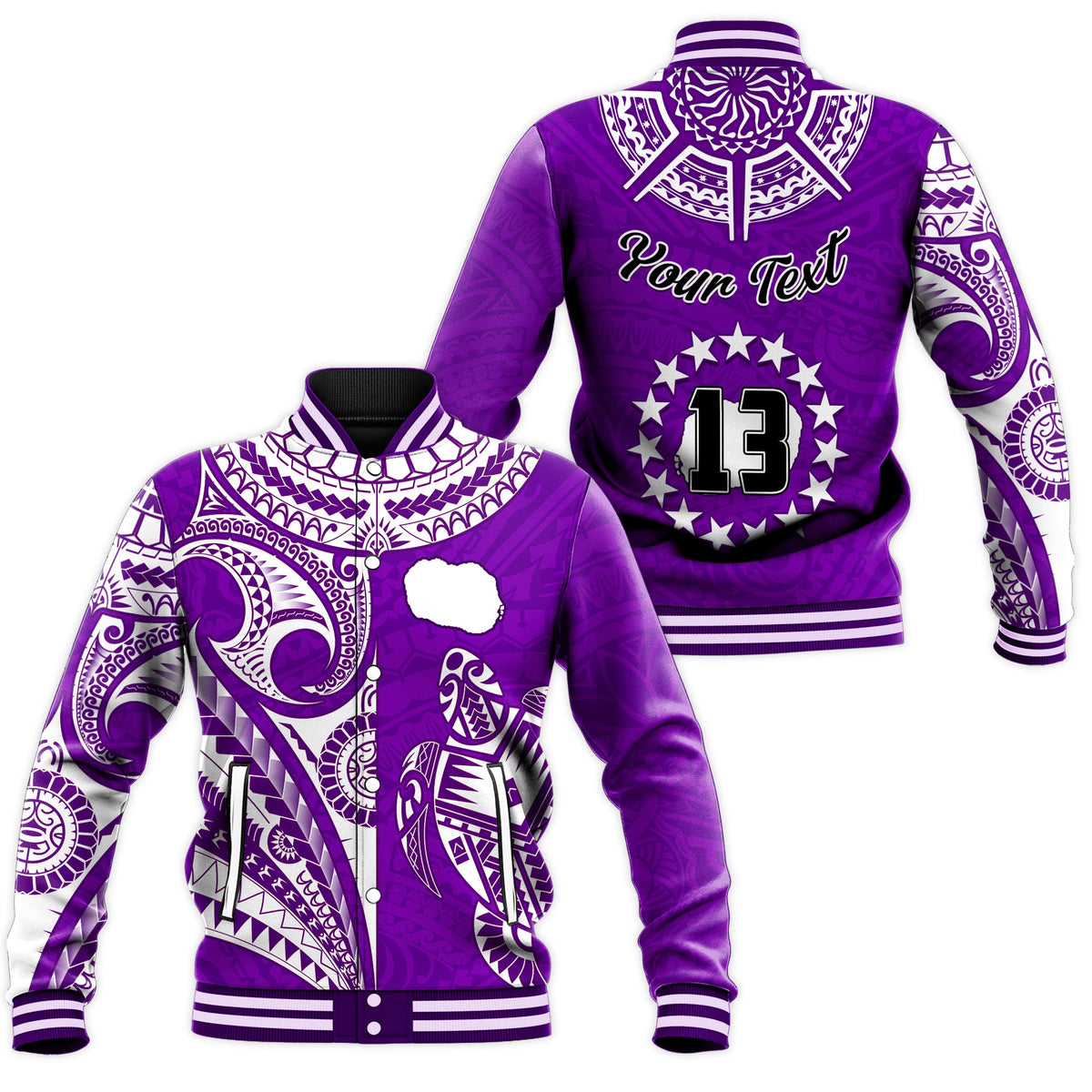 (Custom Text and Number) Rarotonga Cook Islands Baseball Jacket Turtle and Map Style Purple LT13 Unisex Purple - Polynesian Pride
