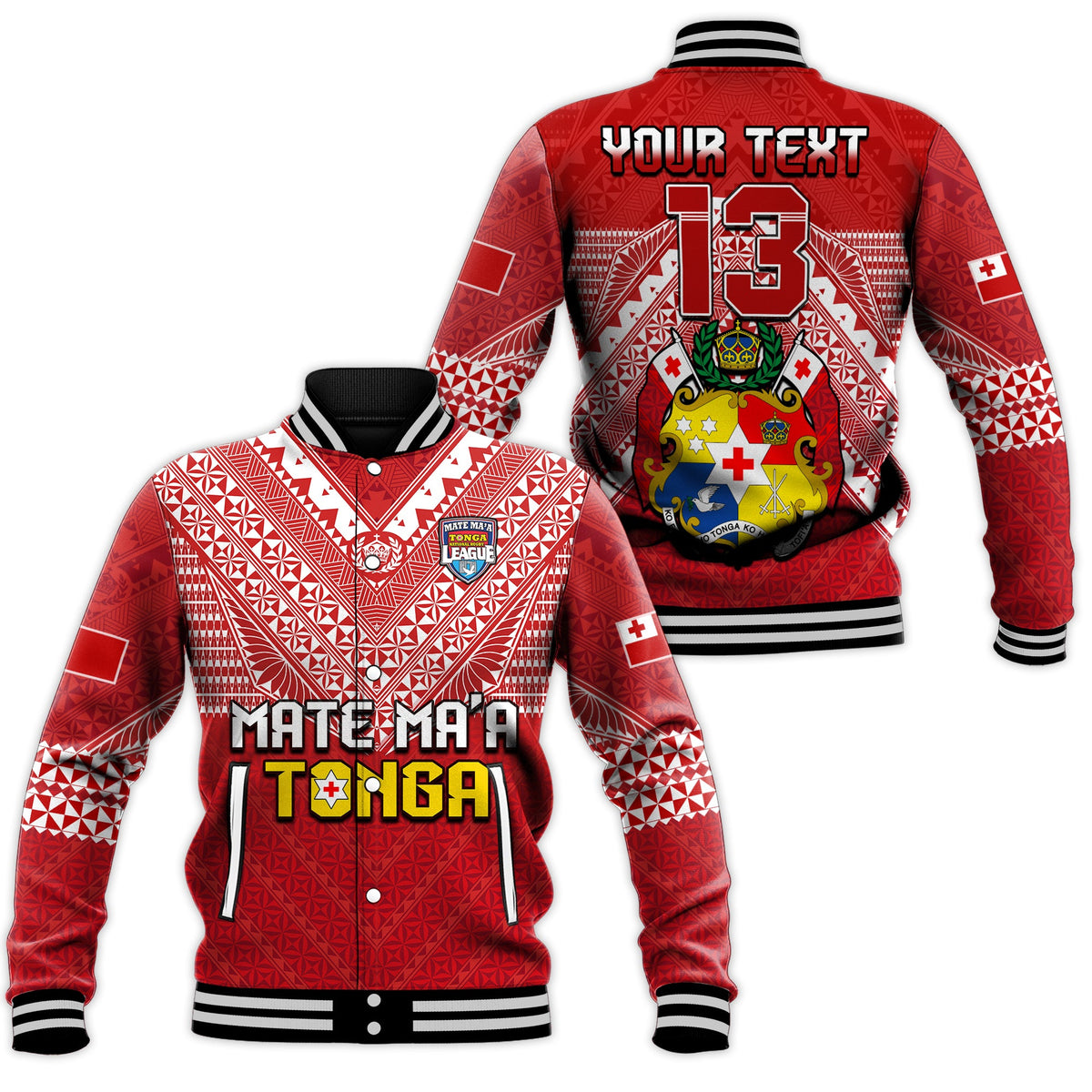 (Custom Text and Number) Tonga Rugby MMT Baseball Jacket Ngatu Mate Maa Tonga Special LT13 Unisex Red - Polynesian Pride