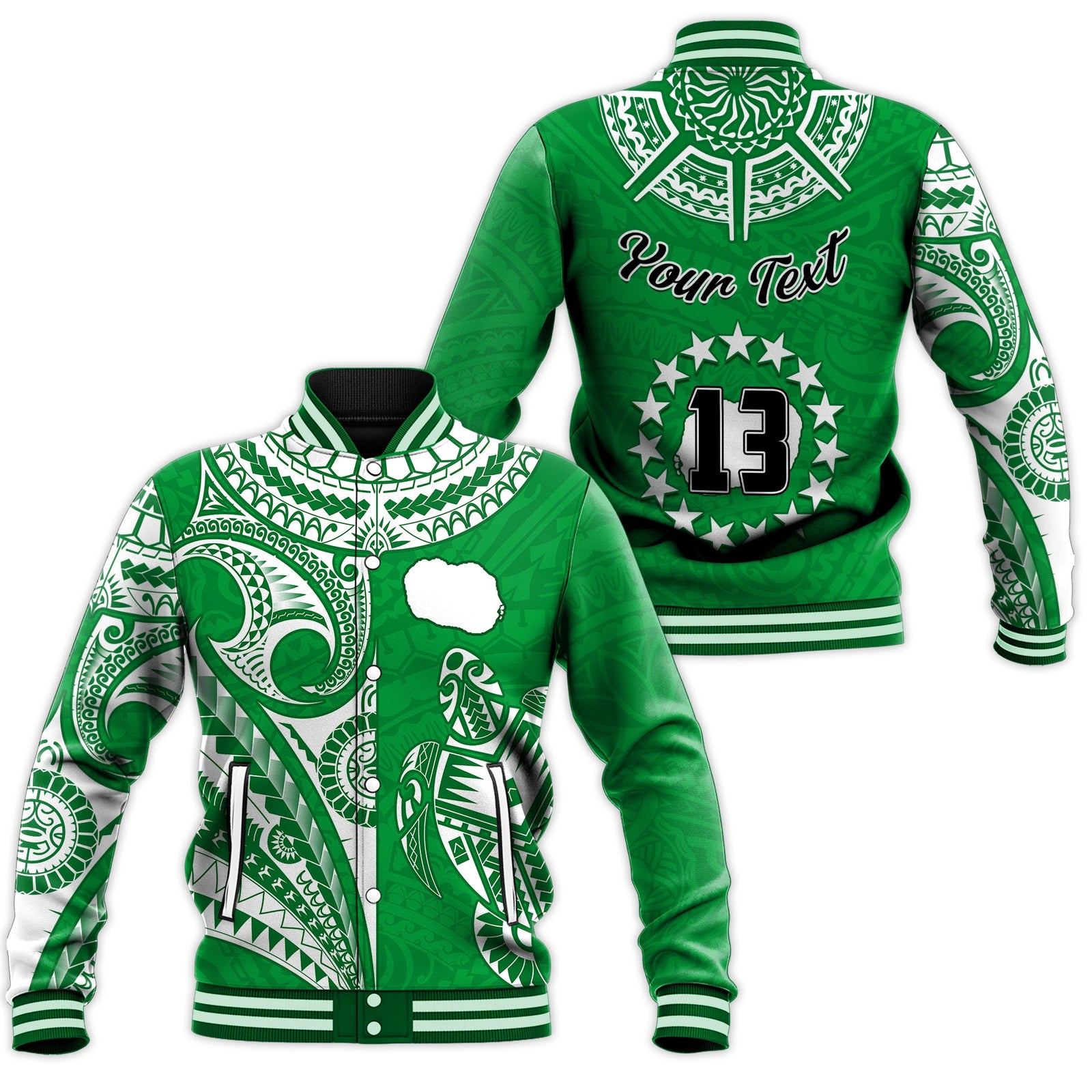 (Custom Text and Number) Rarotonga Cook Islands Baseball Jacket Turtle and Map Style Green LT13 Unisex Green - Polynesian Pride