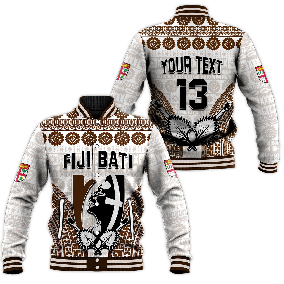 Custom Text and Number Fiji Rugby Bati Baseball Jacket Proud Tapa Pattern LT13 Unisex White - Polynesian Pride