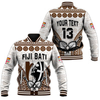 Custom Text and Number Fiji Rugby Bati Baseball Jacket Proud Tapa Pattern LT13 Unisex White - Polynesian Pride