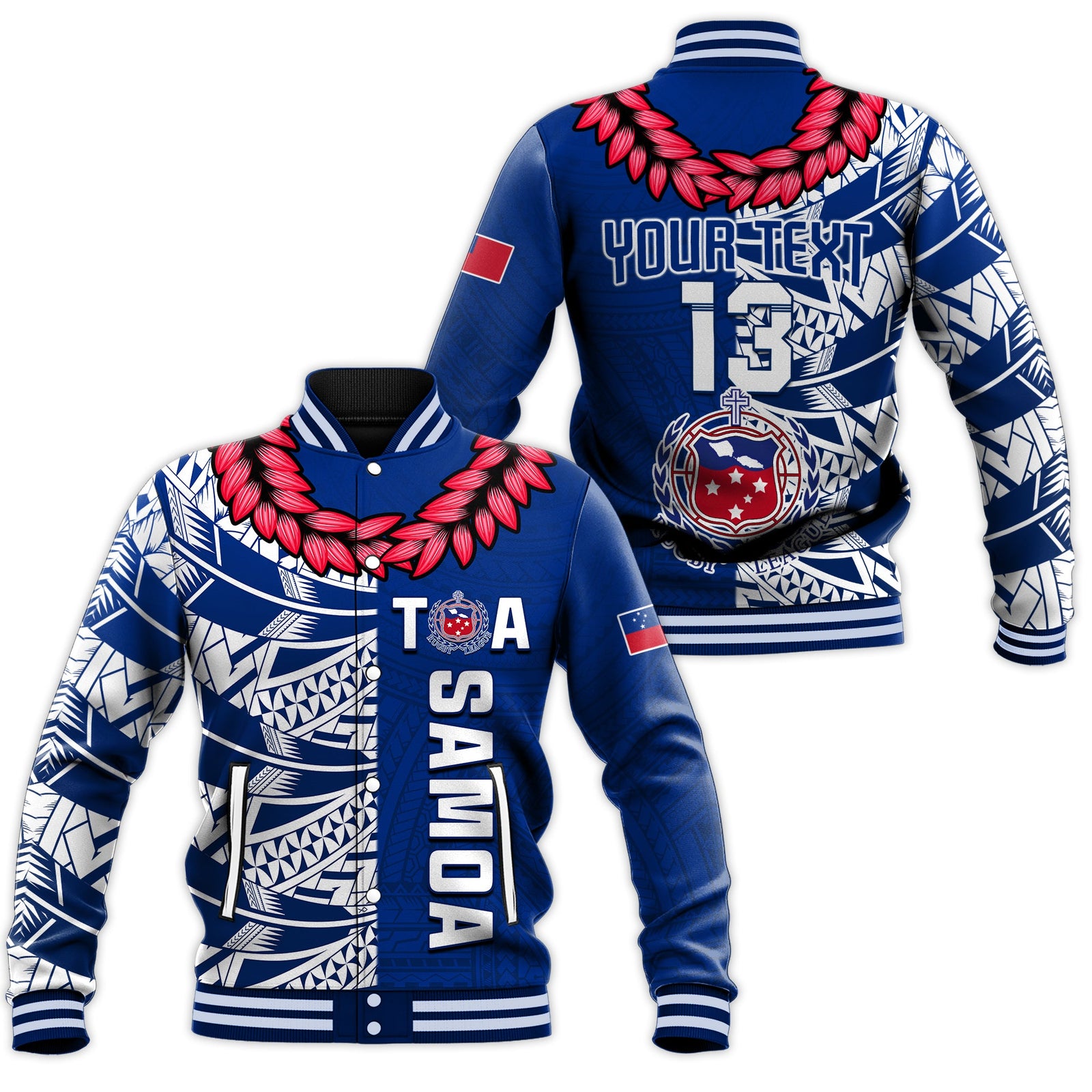 (Custom Text and Number) Toa Samoa Rugby Baseball Jacket Siamupini Ula Fala Blue LT13 Unisex Blue - Polynesian Pride