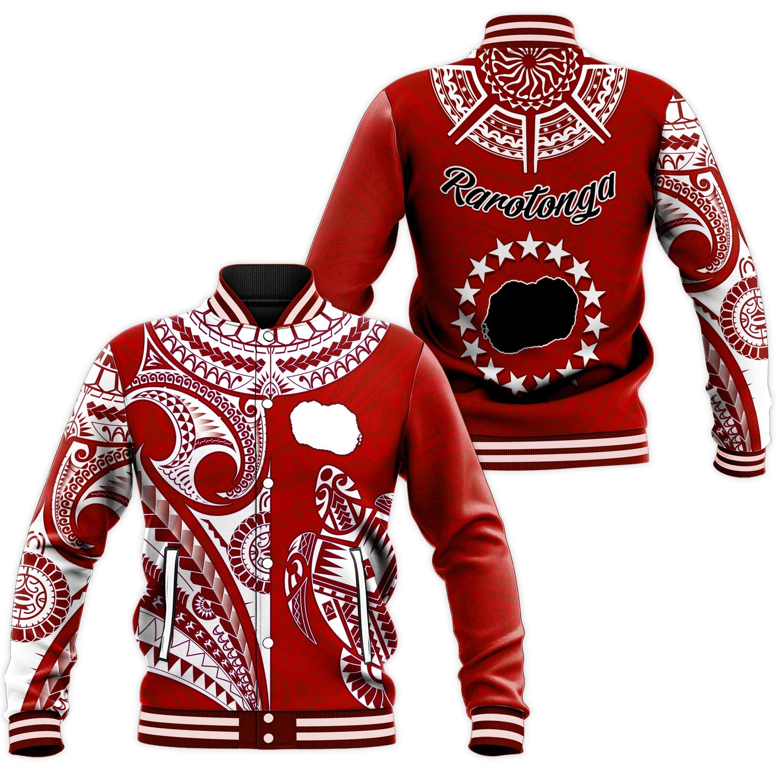 Rarotonga Cook Islands Baseball Jacket Turtle and Map Style Red LT13 Unisex Red - Polynesian Pride